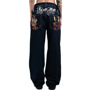 Ninth Hall Idle Rinse Blue Denim Jeans Womens 8 Skater Y2K Baggy Grunge Tattoo